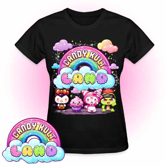 Wishbone Frosti Boo & Panku Candy ult Land Logo REGULAR FIT Ladies T-Shirt - Candy Kult - Candy Cult - Candy Kult Land - Wishbone - Boo Kitty - Panku - Frosti - Toxic Kitten - Hex-Heart - Cult Candy - Cake High Heels - [product_vendor}