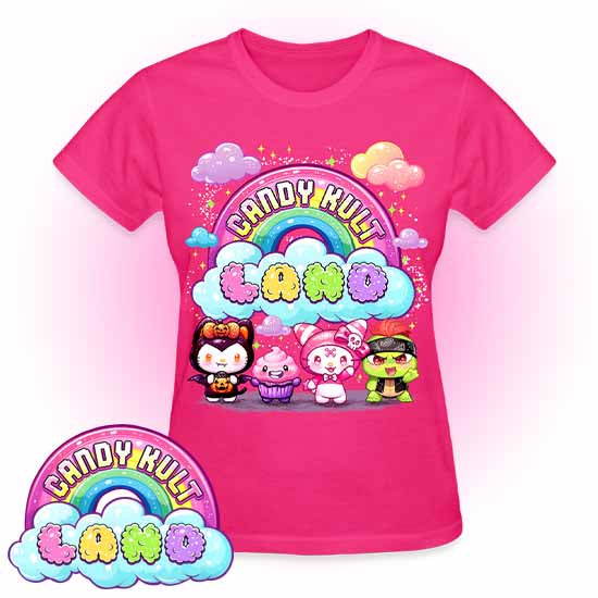 Wishbone Frosti Boo & Panku Candy ult Land Logo REGULAR FIT Ladies T-Shirt - Candy Kult - Candy Cult - Candy Kult Land - Wishbone - Boo Kitty - Panku - Frosti - Toxic Kitten - Hex-Heart - Cult Candy - Cake High Heels - [product_vendor}