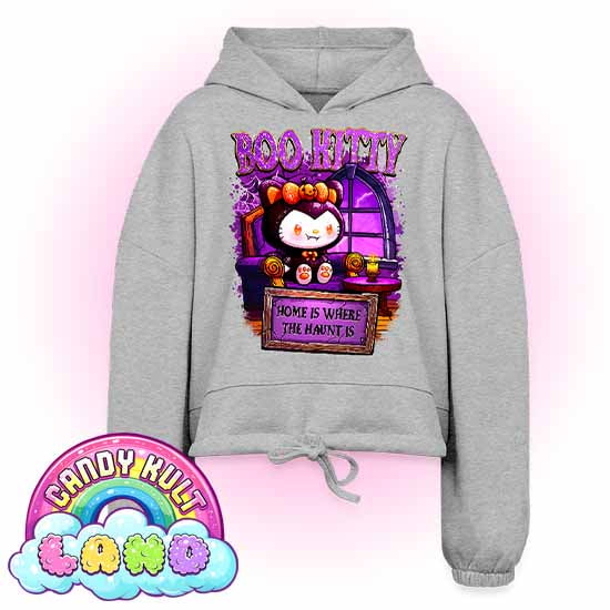 Home Is Where The Haunt Is Boo Kitty - Candy Kult Land Women’s Cropped Hoodie