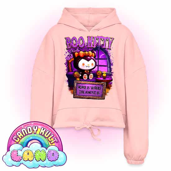 Home Is Where The Haunt Is Boo Kitty - Candy Kult Land Women’s Cropped Hoodie
