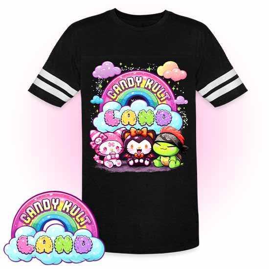 Wishbone Boo & Panku Candy Kult Land Logo  - Candy Kult Land Men's / Unisex Vintage Sport T-Shirt - Candy Kult - Candy Cult - Candy Kult Land - Wishbone - Boo Kitty - Panku - Frosti - Toxic Kitten - Hex-Heart - Cult Candy - Cake High Heels - [product_vendor}