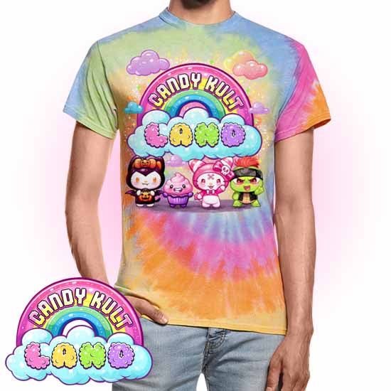 Wishbone, Frosti Boo & Panku - Candy Kult Land Unisex Tie Dye T-Shirt - Candy Kult - Candy Cult - Candy Kult Land - Wishbone - Boo Kitty - Panku - Frosti - Toxic Kitten - Hex-Heart - Cult Candy - Cake High Heels - [product_vendor}