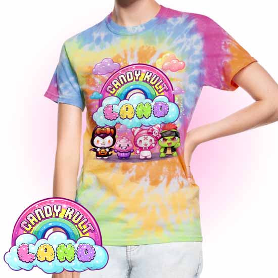 Wishbone, Frosti Boo & Panku - Candy Kult Land Unisex Tie Dye T-Shirt - Candy Kult - Candy Cult - Candy Kult Land - Wishbone - Boo Kitty - Panku - Frosti - Toxic Kitten - Hex-Heart - Cult Candy - Cake High Heels - [product_vendor}