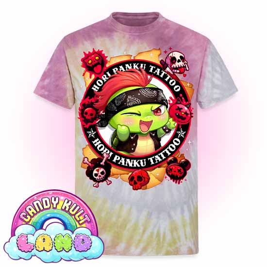 Hori Panku Tattoo - Candy Kult Land Unisex Tie Dye T-Shirt - Candy Kult - Candy Cult - Candy Kult Land - Wishbone - Boo Kitty - Panku - Frosti - Toxic Kitten - Hex-Heart - Cult Candy - Cake High Heels - [product_vendor}