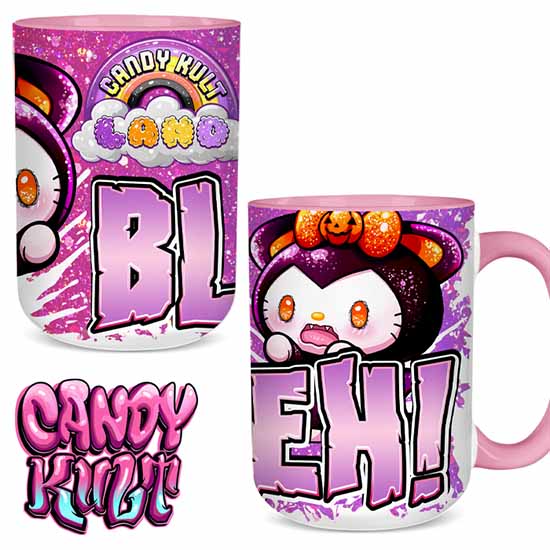 Boo Kitty Bleh Candy Kult Land Pink Handle Large Mug Candy Kult Boo Kitty Boo Kitty Origins Candy Cult - Candy Kult Land - Wishbone - Boo Kitty - Panku - Frosti - Toxic Kitten - Hex - Heart - Cult Candy - Ca