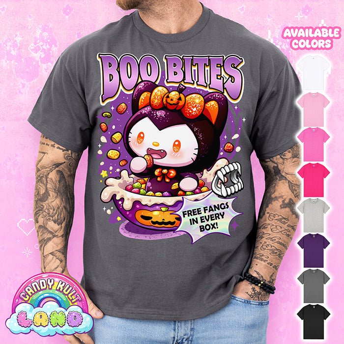 Boo Kitty Boo Bites - Candy Kult Land Graphic Tee Candy Kult CHARCOAL S Boo Kitty candy kult land ck land Candy Cult - Candy Kult Land - Wishbone - Boo Kitty - Panku - Frosti - Toxic Kitten - Hex - Heart - Cult Candy - Ca