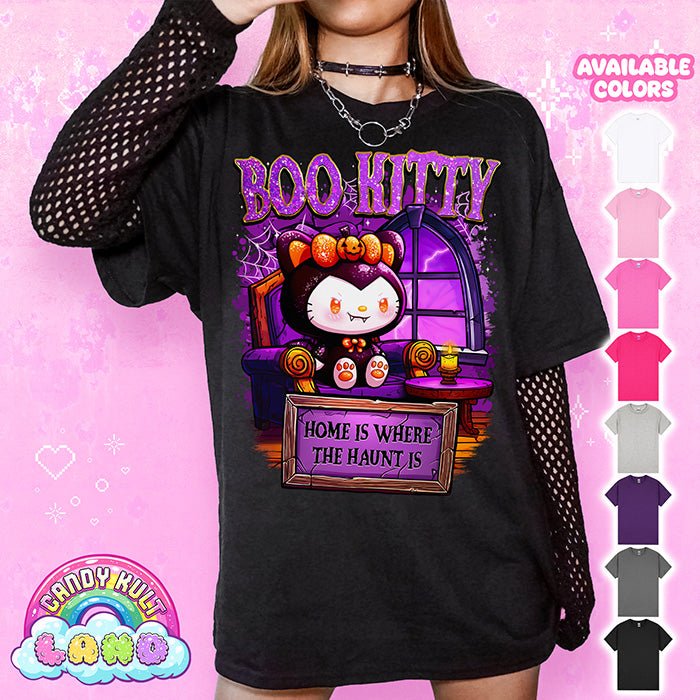 Boo Kitty Home Is Where The Haunt Is - Candy Kult Land Graphic Tee Candy Kult BLACK S Boo Kitty Boo Kitty Origins candy kult land Candy Cult - Candy Kult Land - Wishbone - Boo Kitty - Panku - Frosti - Toxic Kitten - Hex - Heart - Cult Candy - Ca