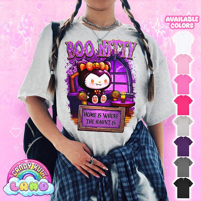 Boo Kitty Home Is Where The Haunt Is - Candy Kult Land Graphic Tee Candy Kult SPORTS GREY S Boo Kitty Boo Kitty Origins candy kult land Candy Cult - Candy Kult Land - Wishbone - Boo Kitty - Panku - Frosti - Toxic Kitten - Hex - Heart - Cult Candy - Ca