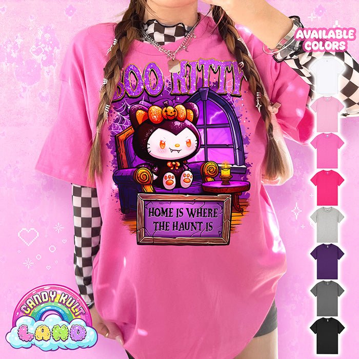 Boo Kitty Home Is Where The Haunt Is - Candy Kult Land Graphic Tee Candy Kult AZALEA S Boo Kitty Boo Kitty Origins candy kult land Candy Cult - Candy Kult Land - Wishbone - Boo Kitty - Panku - Frosti - Toxic Kitten - Hex - Heart - Cult Candy - Ca