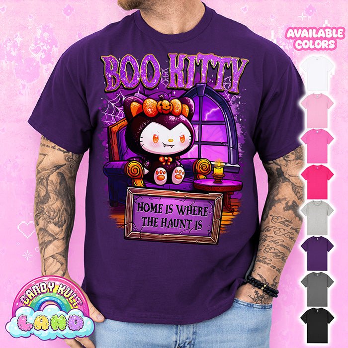 Boo Kitty Home Is Where The Haunt Is - Candy Kult Land Graphic Tee Candy Kult PURPLE S Boo Kitty Boo Kitty Origins candy kult land Candy Cult - Candy Kult Land - Wishbone - Boo Kitty - Panku - Frosti - Toxic Kitten - Hex - Heart - Cult Candy - Ca