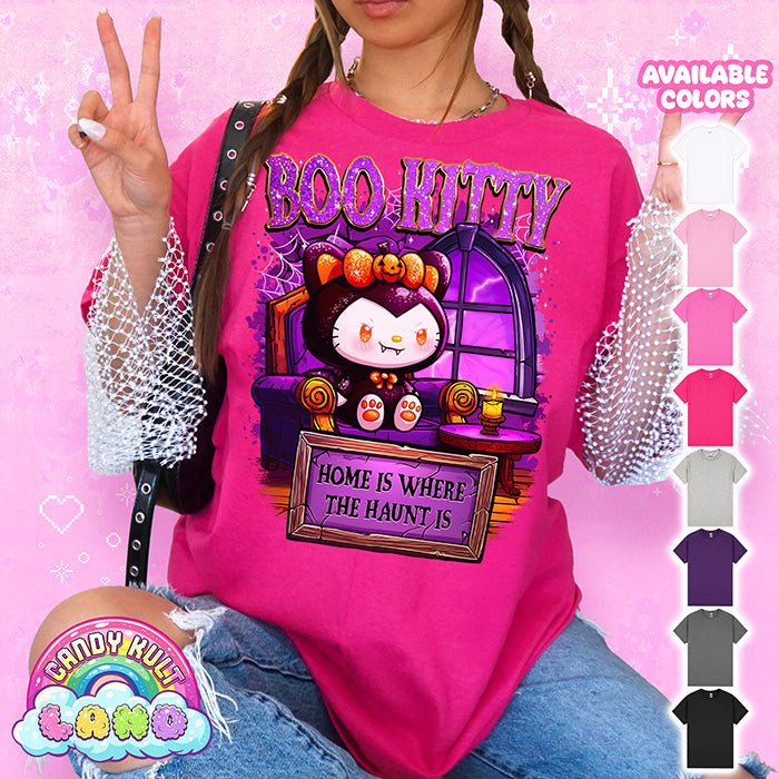 Boo Kitty Home Is Where The Haunt Is - Candy Kult Land Graphic Tee Candy Kult HELICONIA S Boo Kitty Boo Kitty Origins candy kult land Candy Cult - Candy Kult Land - Wishbone - Boo Kitty - Panku - Frosti - Toxic Kitten - Hex - Heart - Cult Candy - Ca