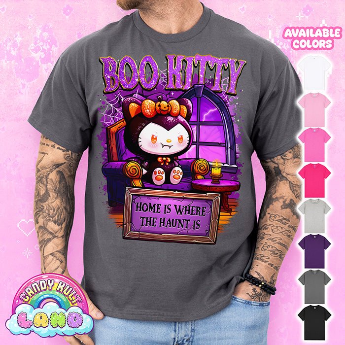 Boo Kitty Home Is Where The Haunt Is - Candy Kult Land Graphic Tee Candy Kult CHARCOAL S Boo Kitty Boo Kitty Origins candy kult land Candy Cult - Candy Kult Land - Wishbone - Boo Kitty - Panku - Frosti - Toxic Kitten - Hex - Heart - Cult Candy - Ca