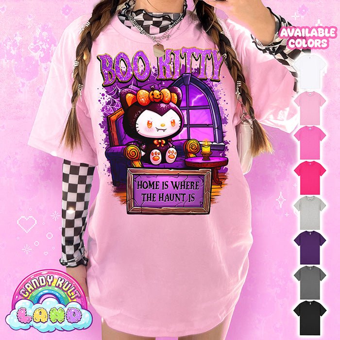 Boo Kitty Home Is Where The Haunt Is - Candy Kult Land Graphic Tee Candy Kult LIGHT PINK S Boo Kitty Boo Kitty Origins candy kult land Candy Cult - Candy Kult Land - Wishbone - Boo Kitty - Panku - Frosti - Toxic Kitten - Hex - Heart - Cult Candy - Ca