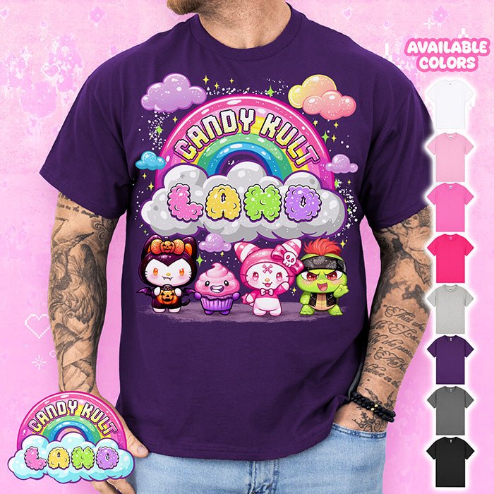 Candy Kult Land Character Logo Graphic Tee Candy Kult PURPLE S Boo Kitty candy kult land ck land Candy Cult - Candy Kult Land - Wishbone - Boo Kitty - Panku - Frosti - Toxic Kitten - Hex - Heart - Cult Candy - Ca