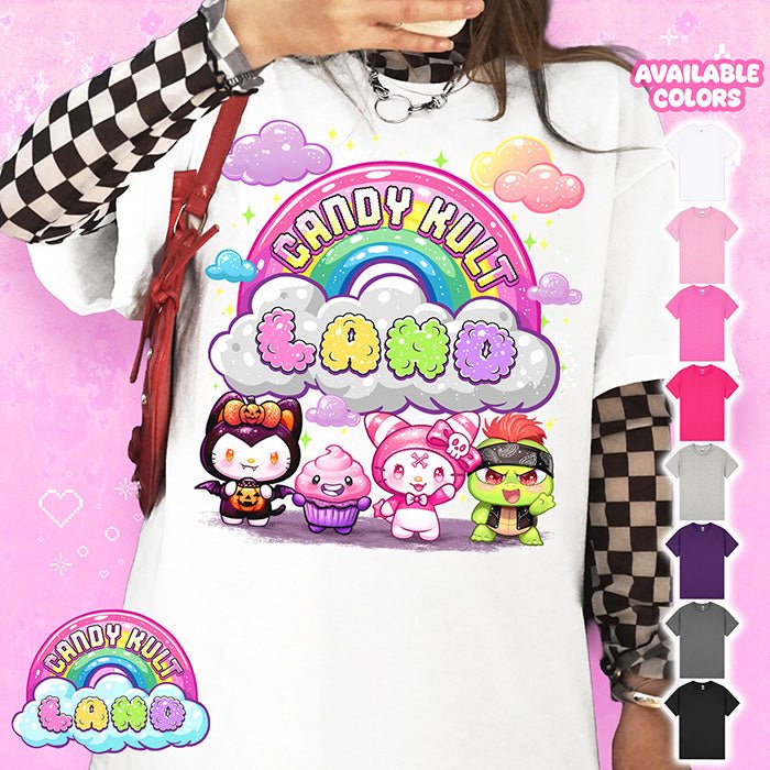 Candy Kult Land Character Logo Graphic Tee Candy Kult WHITE S Boo Kitty candy kult land ck land Candy Cult - Candy Kult Land - Wishbone - Boo Kitty - Panku - Frosti - Toxic Kitten - Hex - Heart - Cult Candy - Ca