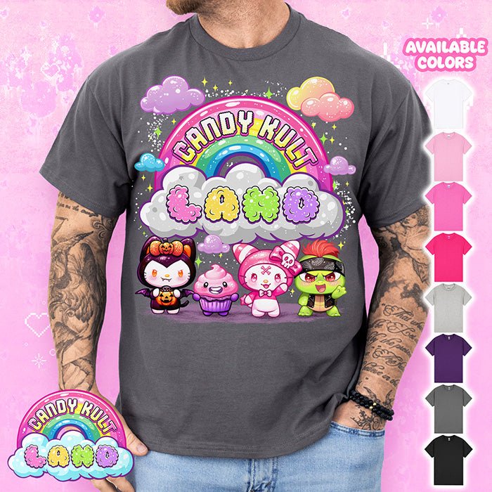 Candy Kult Land Character Logo Graphic Tee Candy Kult CHARCOAL S Boo Kitty candy kult land ck land Candy Cult - Candy Kult Land - Wishbone - Boo Kitty - Panku - Frosti - Toxic Kitten - Hex - Heart - Cult Candy - Ca