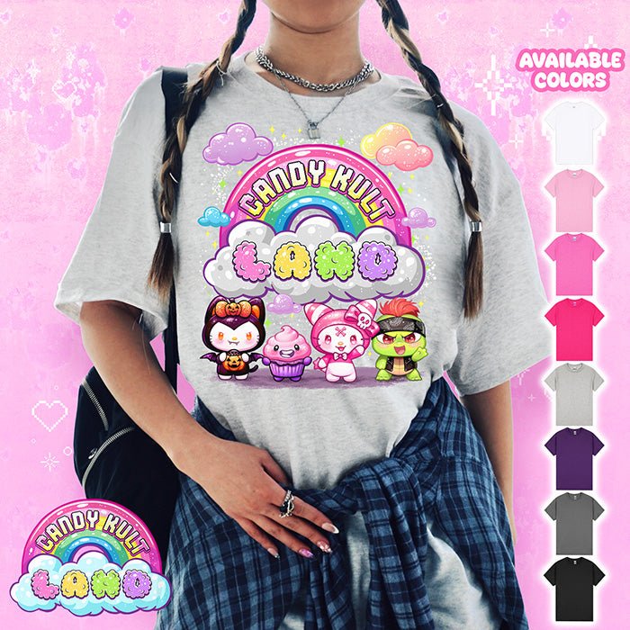 Candy Kult Land Character Logo Graphic Tee Candy Kult SPORTS GREY S Boo Kitty candy kult land ck land Candy Cult - Candy Kult Land - Wishbone - Boo Kitty - Panku - Frosti - Toxic Kitten - Hex - Heart - Cult Candy - Ca