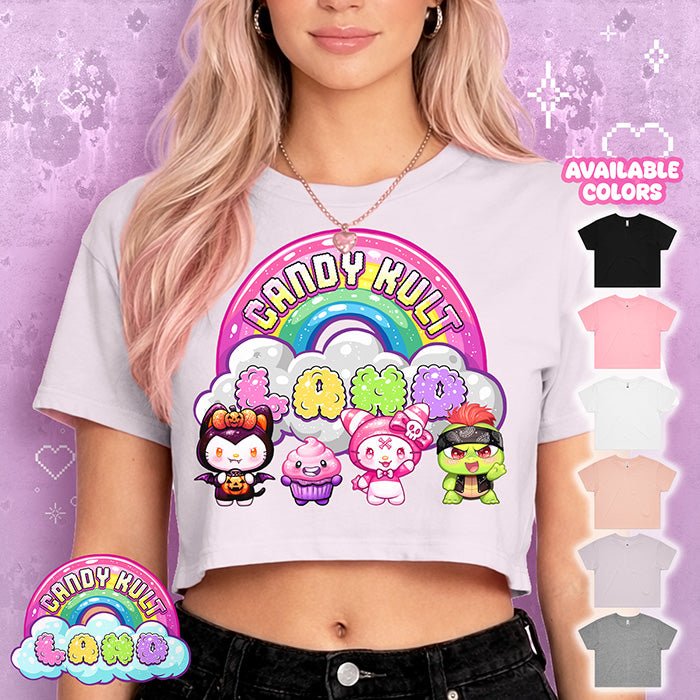 Candy Kult Land Character Logo Premium Crop Tee Candy Kult ORCHID XS Boo Kitty candy kult land ck land Candy Cult - Candy Kult Land - Wishbone - Boo Kitty - Panku - Frosti - Toxic Kitten - Hex - Heart - Cult Candy - Ca