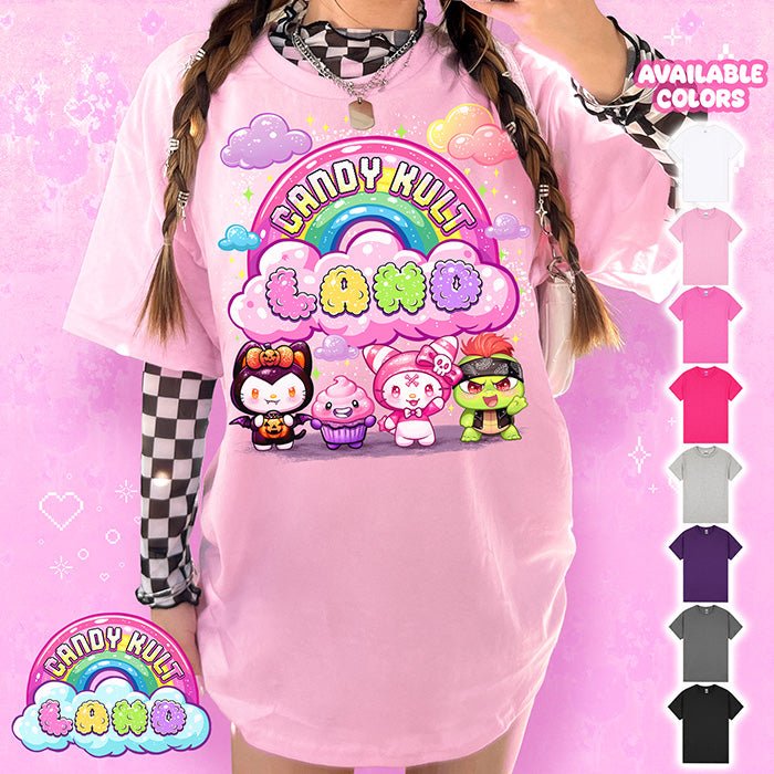 Candy Kult Land Pink Character Logo Graphic Tee Candy Kult LIGHT PINK S Boo Kitty candy kult land ck land Candy Cult - Candy Kult Land - Wishbone - Boo Kitty - Panku - Frosti - Toxic Kitten - Hex - Heart - Cult Candy - Ca