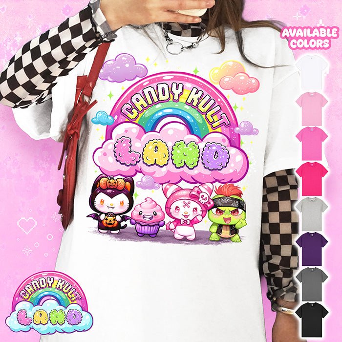 Candy Kult Land Pink Character Logo Graphic Tee Candy Kult WHITE S Boo Kitty candy kult land ck land Candy Cult - Candy Kult Land - Wishbone - Boo Kitty - Panku - Frosti - Toxic Kitten - Hex - Heart - Cult Candy - Ca