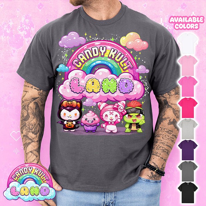 Candy Kult Land Pink Character Logo Graphic Tee Candy Kult CHARCOAL S Boo Kitty candy kult land ck land Candy Cult - Candy Kult Land - Wishbone - Boo Kitty - Panku - Frosti - Toxic Kitten - Hex - Heart - Cult Candy - Ca