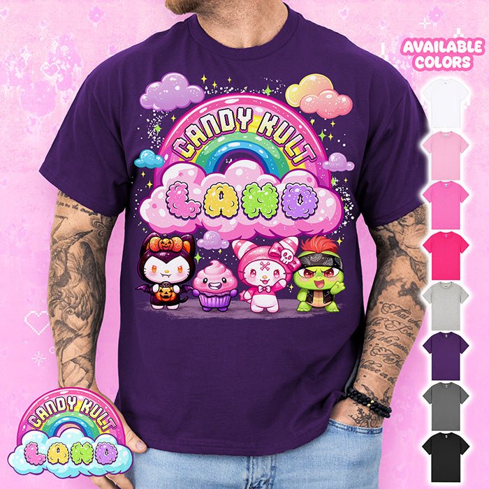 Candy Kult Land Pink Character Logo Graphic Tee Candy Kult PURPLE S Boo Kitty candy kult land ck land Candy Cult - Candy Kult Land - Wishbone - Boo Kitty - Panku - Frosti - Toxic Kitten - Hex - Heart - Cult Candy - Ca