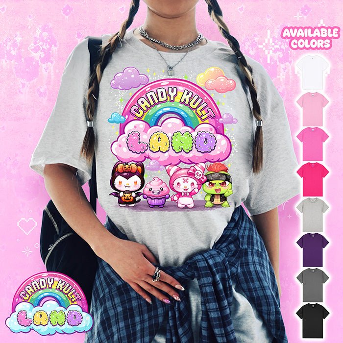 Candy Kult Land Pink Character Logo Graphic Tee Candy Kult SPORTS GREY S Boo Kitty candy kult land ck land Candy Cult - Candy Kult Land - Wishbone - Boo Kitty - Panku - Frosti - Toxic Kitten - Hex - Heart - Cult Candy - Ca