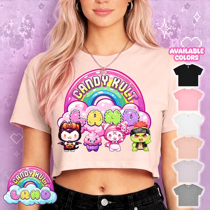 Candy Kult Land Pink Character Logo Premium Crop Tee Candy Kult BLACK XS Boo Kitty candy kult land ck land Candy Cult - Candy Kult Land - Wishbone - Boo Kitty - Panku - Frosti - Toxic Kitten - Hex - Heart - Cult Candy - Ca