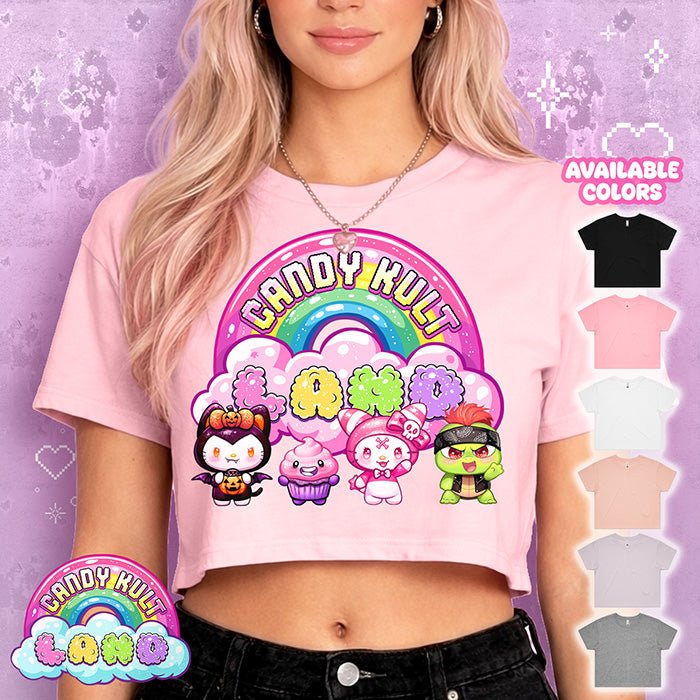Candy Kult Land Pink Character Logo Premium Crop Tee Candy Kult BLACK XS Boo Kitty candy kult land ck land Candy Cult - Candy Kult Land - Wishbone - Boo Kitty - Panku - Frosti - Toxic Kitten - Hex - Heart - Cult Candy - Ca