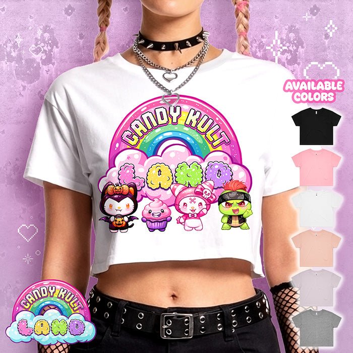 Candy Kult Land Pink Character Logo Premium Crop Tee Candy Kult BLACK XS Boo Kitty candy kult land ck land Candy Cult - Candy Kult Land - Wishbone - Boo Kitty - Panku - Frosti - Toxic Kitten - Hex - Heart - Cult Candy - Ca
