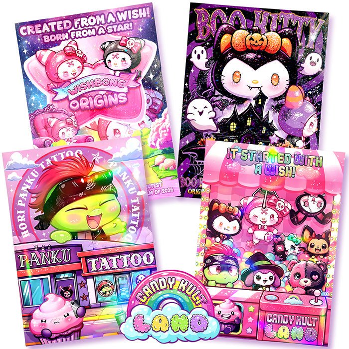 Candy Kult Land – Season One Poster Collector Set (Signed Holographic) Candy Kult Archival Packaged art print Boo Kitty Boo Kitty Origins Candy Cult - Candy Kult Land - Wishbone - Boo Kitty - Panku - Frosti - Toxic Kitten - Hex - Heart - Cult Candy - Ca