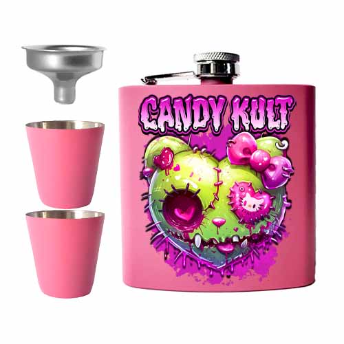 FrankenKitty Heart Fright Candy Pink Candy Kult Hip Flask Set Candy Kult Alcohol Flask Flask Hello Kitty Candy Cult - Candy Kult Land - Wishbone - Boo Kitty - Panku - Frosti - Toxic Kitten - Hex - Heart - Cult Candy - Ca