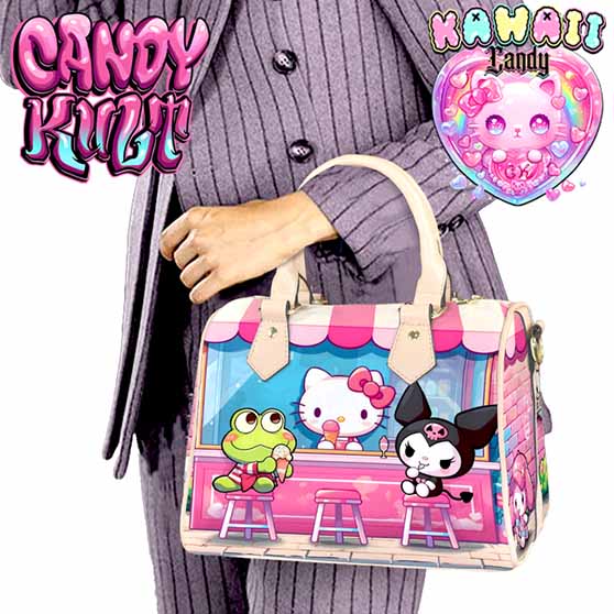 Kitty Ice Cream Shop Kawaii Candy Beige Boston Crossbody Handbag - Candy Kult - Candy Cult - Cult Candy - Cake High Heels - [product_vendor}