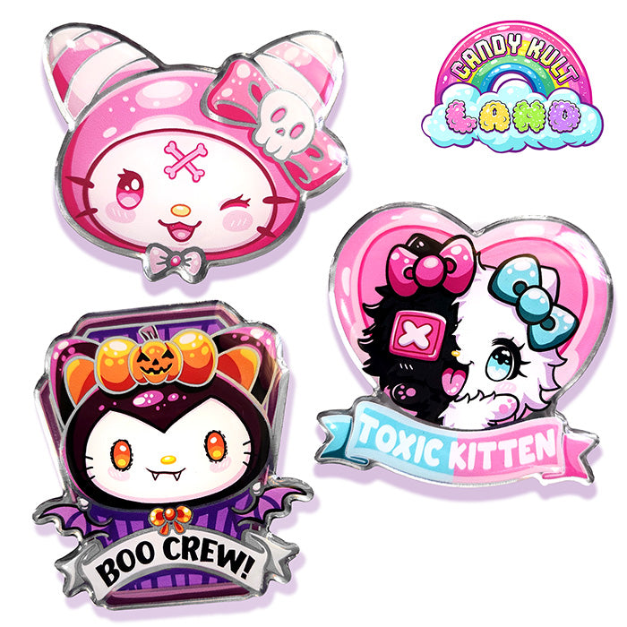 Candy Kult Starter Collector Pin Set — 3 Character Bundle - Candy Kult - Candy Cult - Candy Kult Land - Wishbone - Boo Kitty - Panku - Frosti - Toxic Kitten - Hex-Heart - Cult Candy - Cake High Heels - [product_vendor}