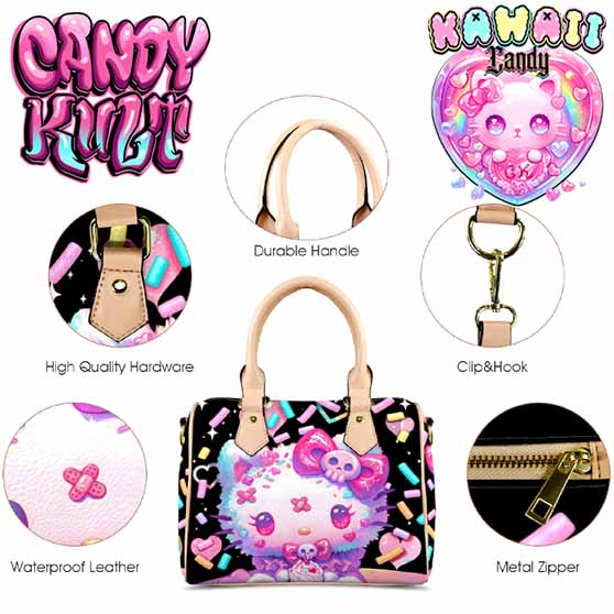 Pastel Purrfection Black Kawaii Candy Beige Boston Crossbody Handbag - Candy Kult - Candy Cult - Cult Candy - Cake High Heels - [product_vendor}
