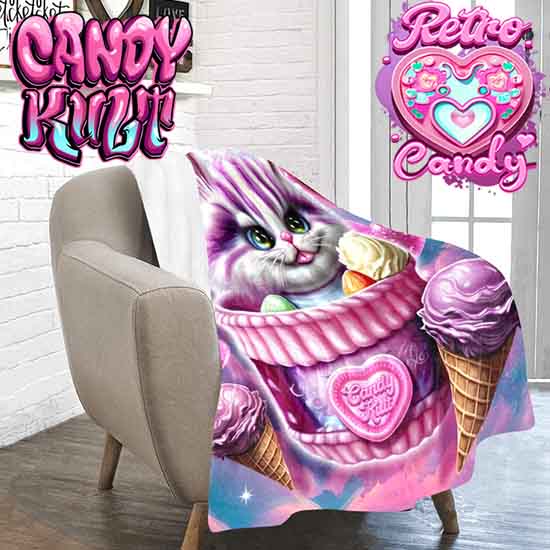 Cheshire Cat Ice Cream Dream Retro Candy Micro Fleece Blanket - Candy Kult - Candy Cult - Candy Kult Land - Wishbone - Boo Kitty - Panku - Frosti - Toxic Kitten - Hex-Heart - Cult Candy - Cake High Heels - [product_vendor}
