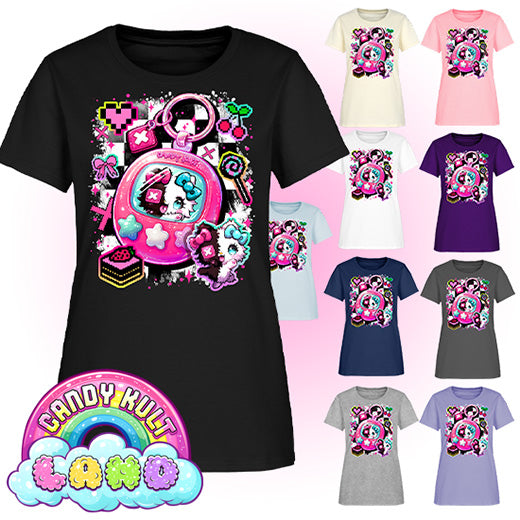 Toxic Kitten Virtual Pet - Candy Kult Land Women's FITTED T-Shirt - Candy Kult - Candy Cult - Candy Kult Land - Wishbone - Boo Kitty - Panku - Frosti - Toxic Kitten - Hex-Heart - Cult Candy - Cake High Heels - [product_vendor}