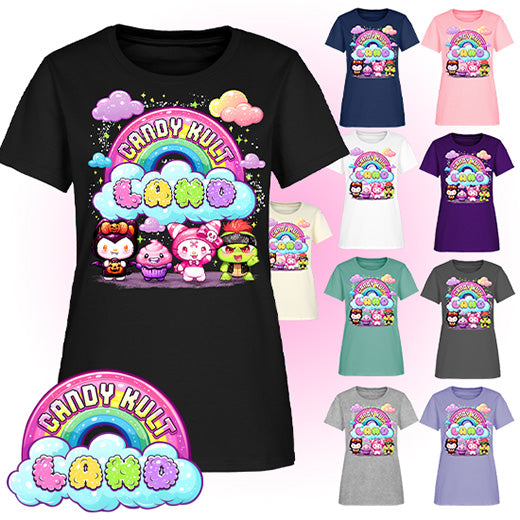 Wishbone, Frosti Boo & Panku - Candy Kult Land Women's FITTED T-Shirt - Candy Kult - Candy Cult - Candy Kult Land - Wishbone - Boo Kitty - Panku - Frosti - Toxic Kitten - Hex-Heart - Cult Candy - Cake High Heels - [product_vendor}