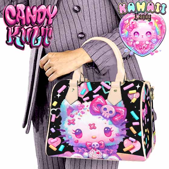 Pastel Purrfection Black Kawaii Candy Beige Boston Crossbody Handbag - Candy Kult - Candy Cult - Cult Candy - Cake High Heels - [product_vendor}