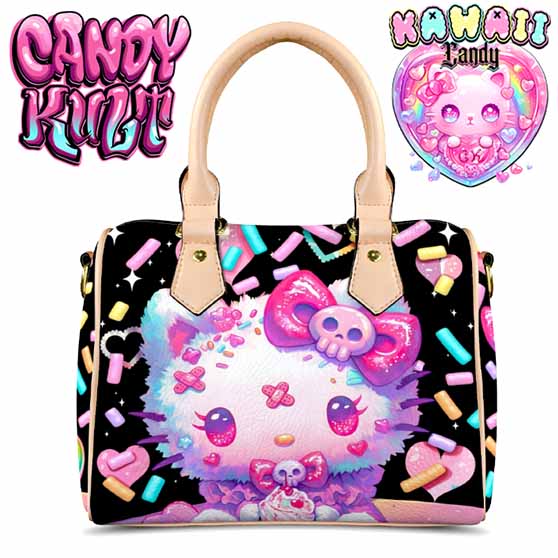 Pastel Purrfection Black Kawaii Candy Beige Boston Crossbody Handbag - Candy Kult - Candy Cult - Cult Candy - Cake High Heels - [product_vendor}