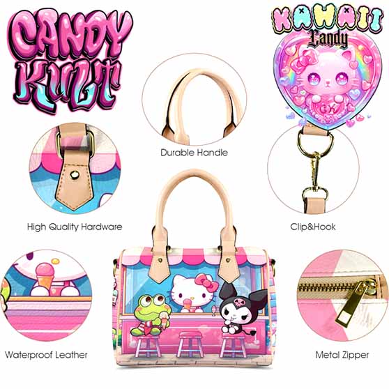 Kitty Ice Cream Shop Kawaii Candy Beige Boston Crossbody Handbag - Candy Kult - Candy Cult - Cult Candy - Cake High Heels - [product_vendor}