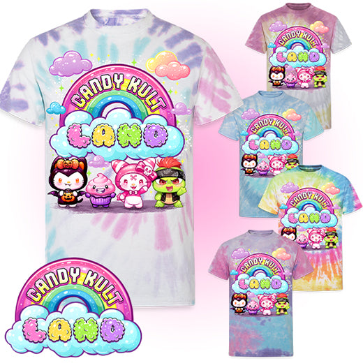 Wishbone, Frosti Boo & Panku - Candy Kult Land Unisex Tie Dye T-Shirt - Candy Kult - Candy Cult - Candy Kult Land - Wishbone - Boo Kitty - Panku - Frosti - Toxic Kitten - Hex-Heart - Cult Candy - Cake High Heels - [product_vendor}