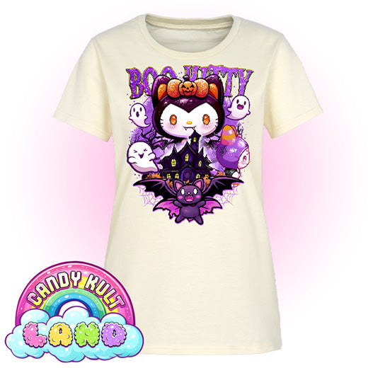 Boo Kitty Origins - Candy Kult Land Women's FITTED T-Shirt - Candy Kult - Candy Cult - Candy Kult Land - Wishbone - Boo Kitty - Panku - Frosti - Toxic Kitten - Hex-Heart - Cult Candy - Cake High Heels - [product_vendor}