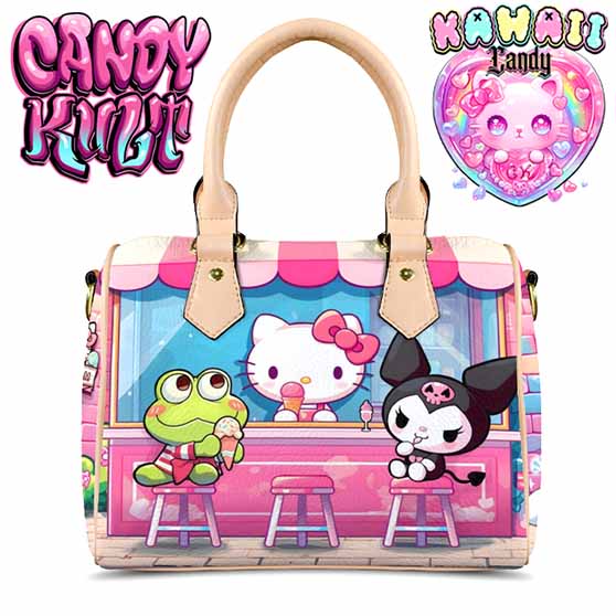 Kitty Ice Cream Shop Kawaii Candy Beige Boston Crossbody Handbag - Candy Kult - Candy Cult - Cult Candy - Cake High Heels - [product_vendor}