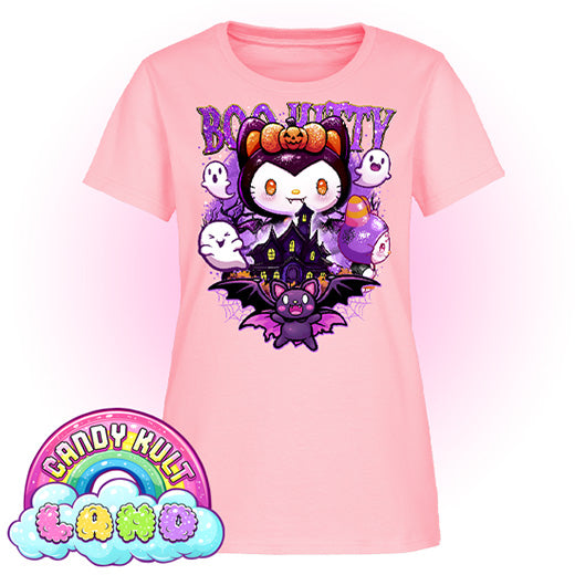 Boo Kitty Origins - Candy Kult Land Women's FITTED T-Shirt - Candy Kult - Candy Cult - Candy Kult Land - Wishbone - Boo Kitty - Panku - Frosti - Toxic Kitten - Hex-Heart - Cult Candy - Cake High Heels - [product_vendor}