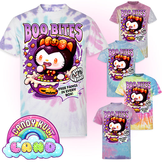Boo Bites Cereal - Candy Kult Land Unisex Tie Dye T-Shirt - Candy Kult - Candy Cult - Candy Kult Land - Wishbone - Boo Kitty - Panku - Frosti - Toxic Kitten - Hex-Heart - Cult Candy - Cake High Heels - [product_vendor}