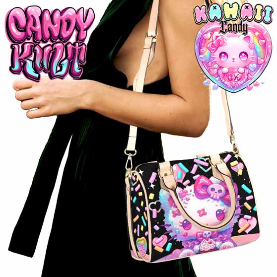 Pastel Purrfection Black Kawaii Candy Beige Boston Crossbody Handbag - Candy Kult - Candy Cult - Cult Candy - Cake High Heels - [product_vendor}