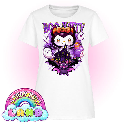 Boo Kitty Origins - Candy Kult Land Women's FITTED T-Shirt - Candy Kult - Candy Cult - Candy Kult Land - Wishbone - Boo Kitty - Panku - Frosti - Toxic Kitten - Hex-Heart - Cult Candy - Cake High Heels - [product_vendor}