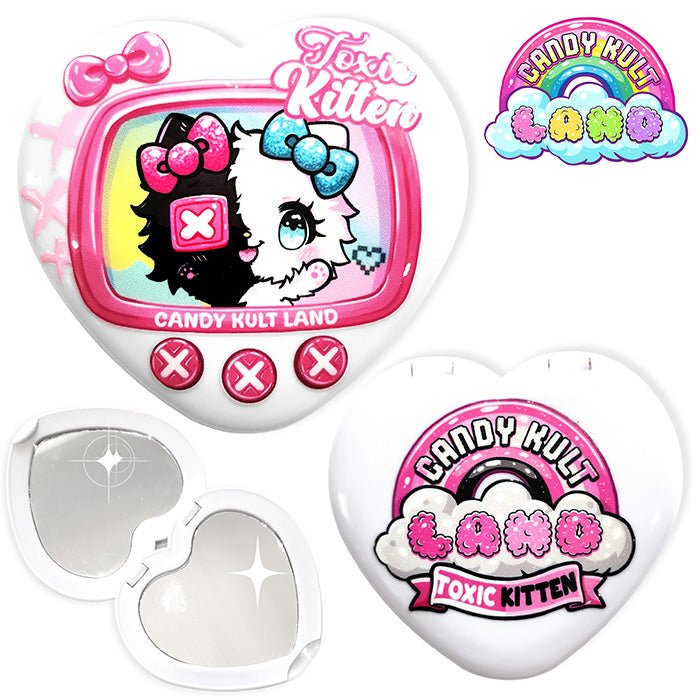 Toxic Kitten Virtual Pet Compact Mirror Candy Kult 90s nostalgia candy kult candy kult character Candy Cult - Candy Kult Land - Wishbone - Boo Kitty - Panku - Frosti - Toxic Kitten - Hex - Heart - Cult Candy - Ca