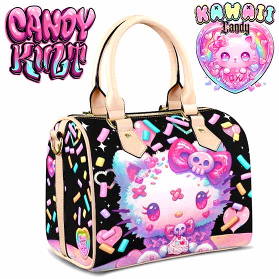 Pastel Purrfection Black Kawaii Candy Beige Boston Crossbody Handbag - Candy Kult - Candy Cult - Cult Candy - Cake High Heels - [product_vendor}